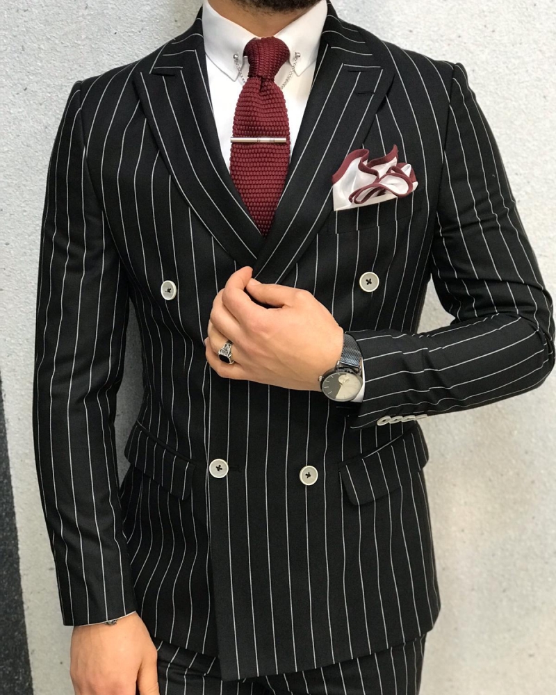 Buy Black Slim Fit Double Breasted Pinstripe Suit By
