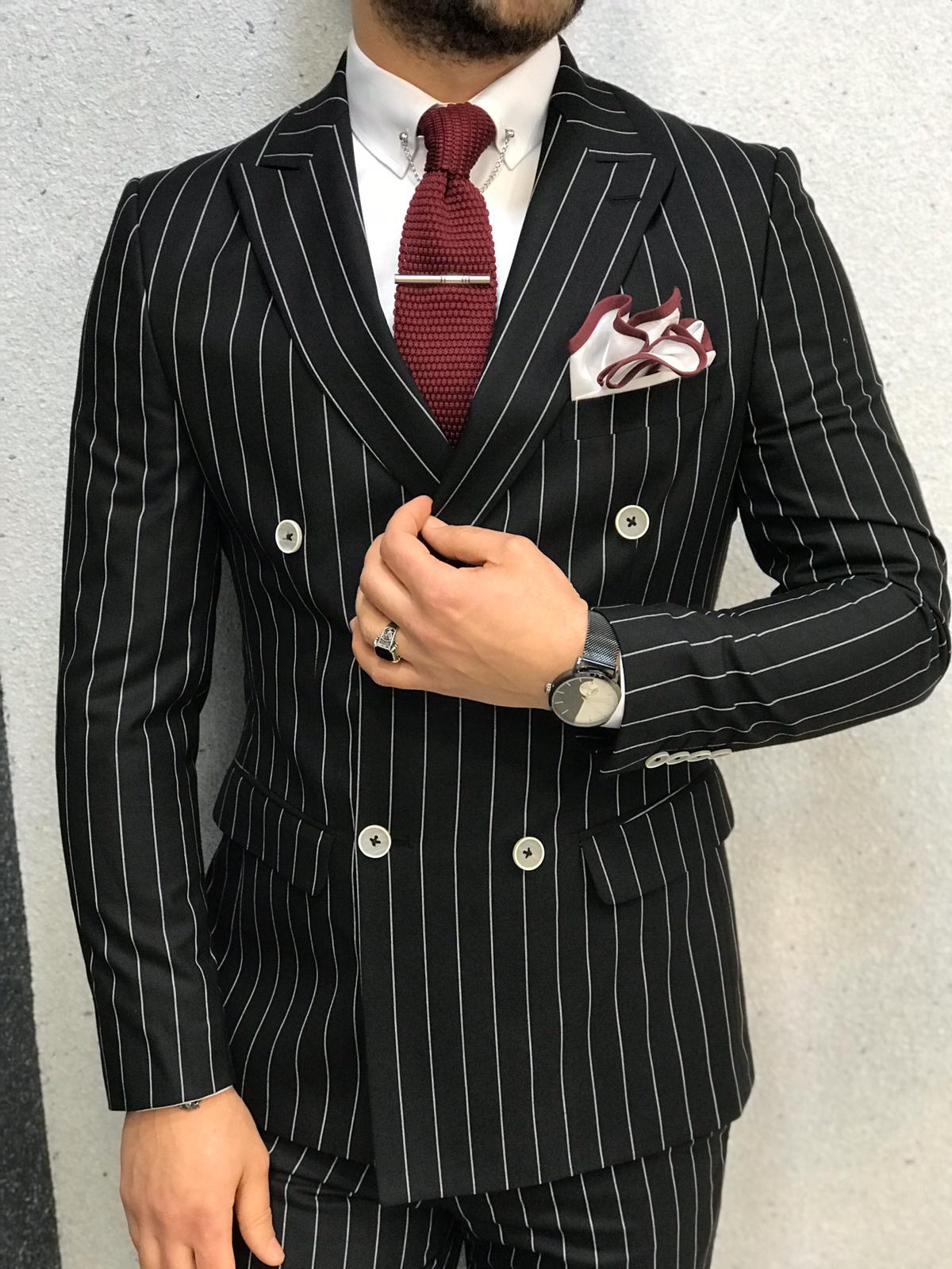GentWith Lancaster Black Slim Fit Double Breasted Pinstripe Suit 1 