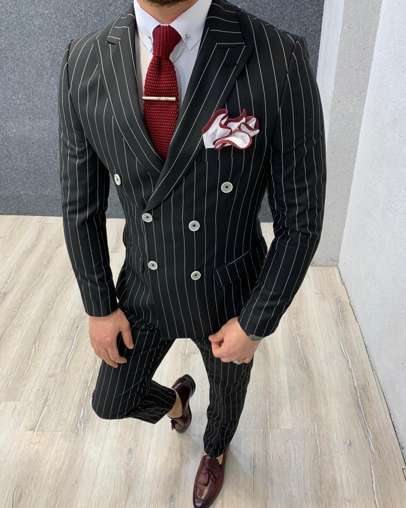 Buy Black Slim Fit Double Breasted Pinstripe Suit by GentWith.com