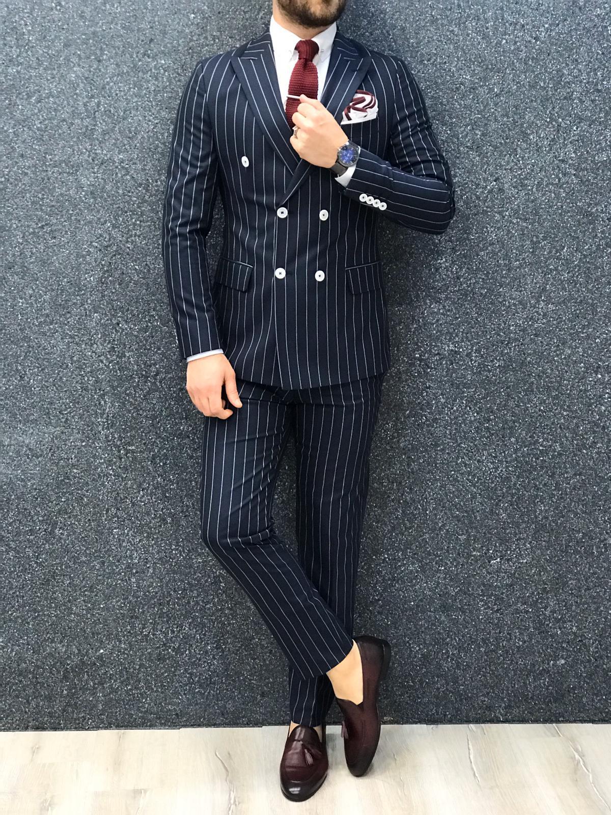 Buy Blue Slim Fit Double Breasted Pinstripe Suit by GentWith.com