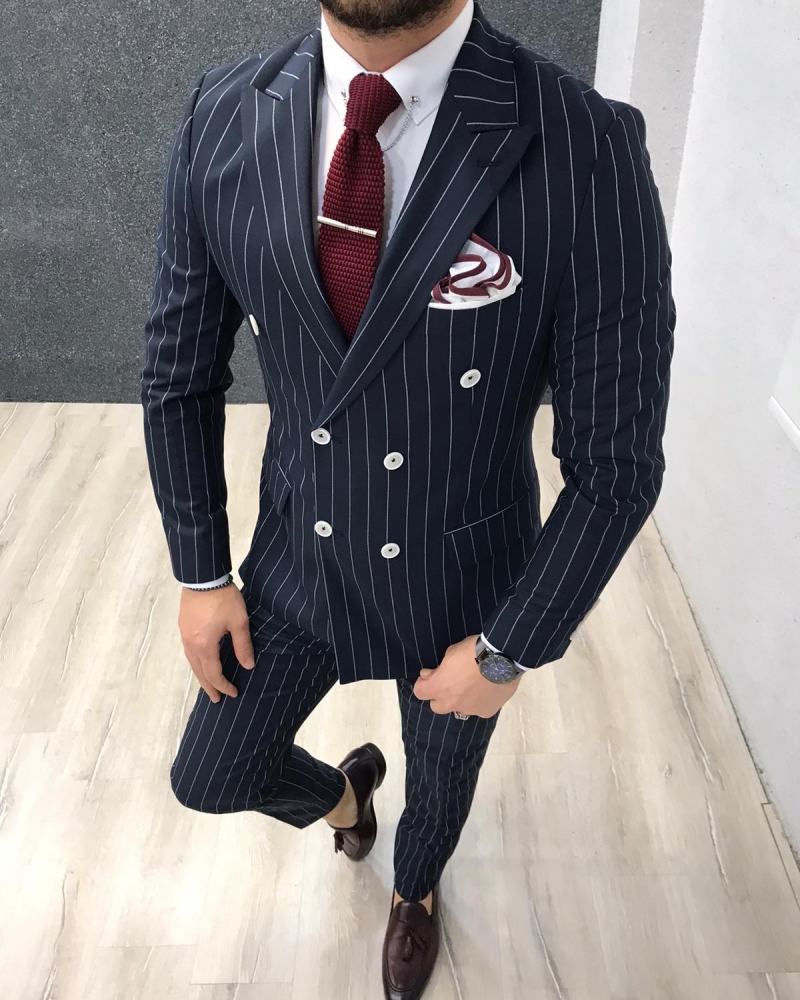 Buy Blue Slim Fit Double Breasted Pinstripe Suit by GentWith.com