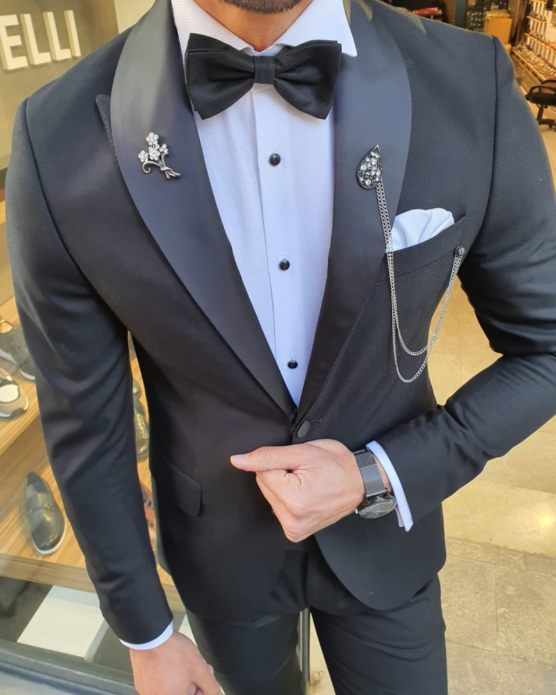 Black Slim Fit Shawl Lapel Tuxedo by GentWith.com with Free Worldwide Shipping