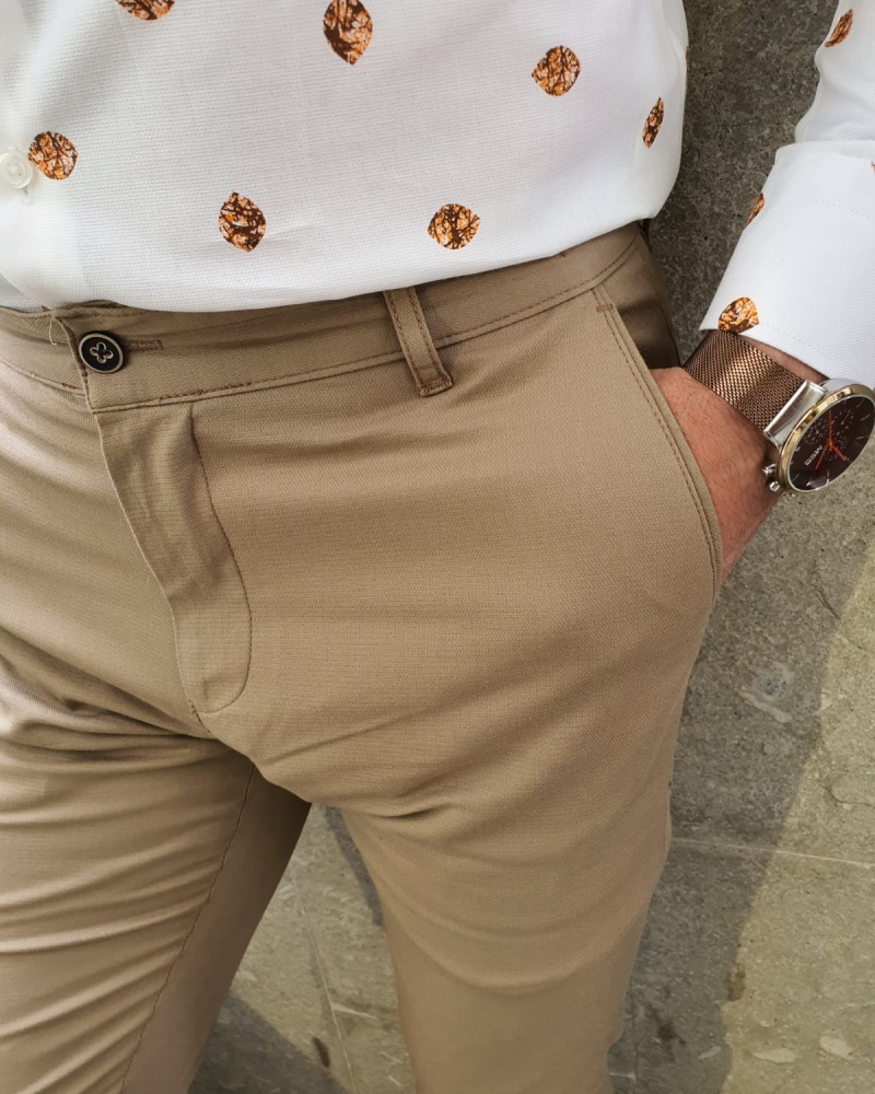 Camel Slim Fit Pants by GentWith.com with Free Worldwide Shipping