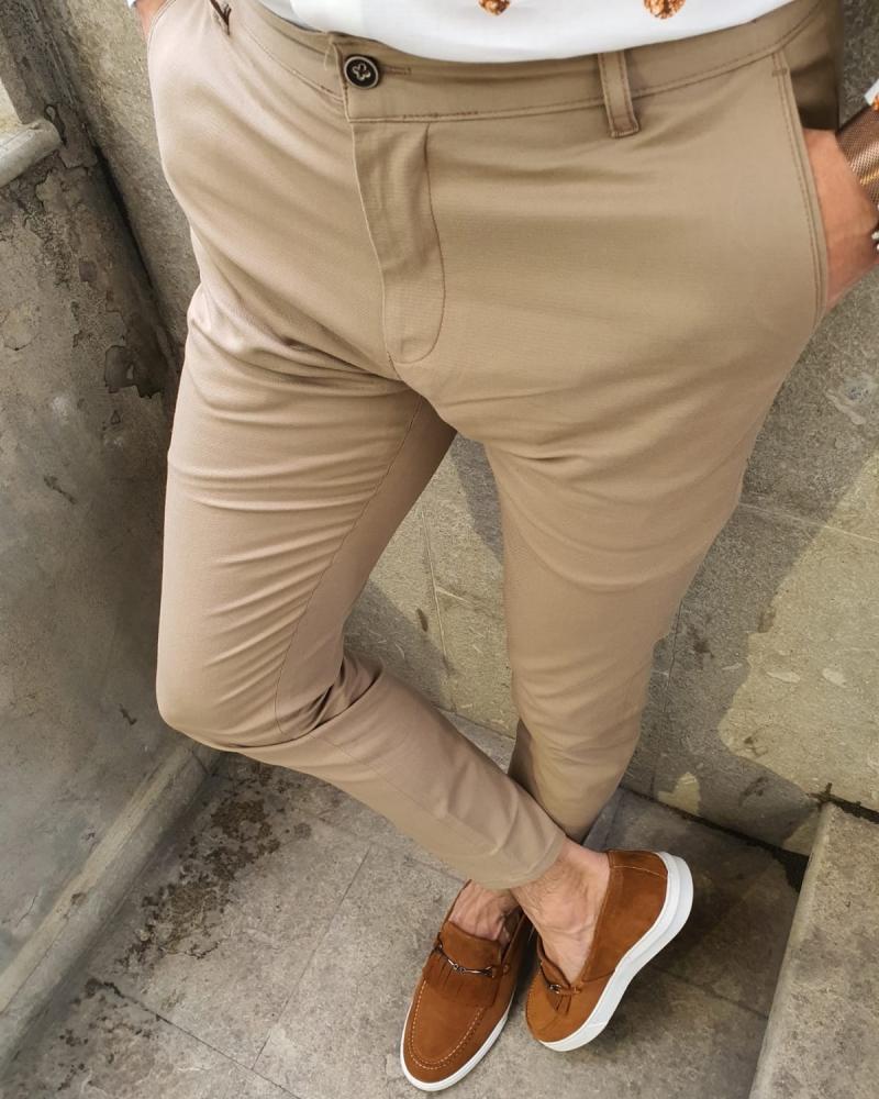 Camel Slim Fit Pants by GentWith.com with Free Worldwide Shipping