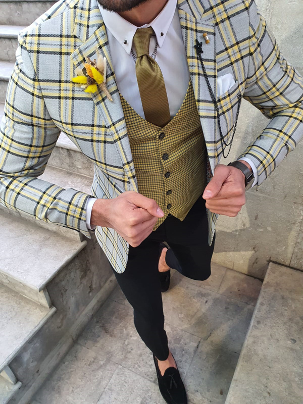 Yellow Slim Fit Plaid Check Suit by GentWith.com with Free Worldwide Shipping