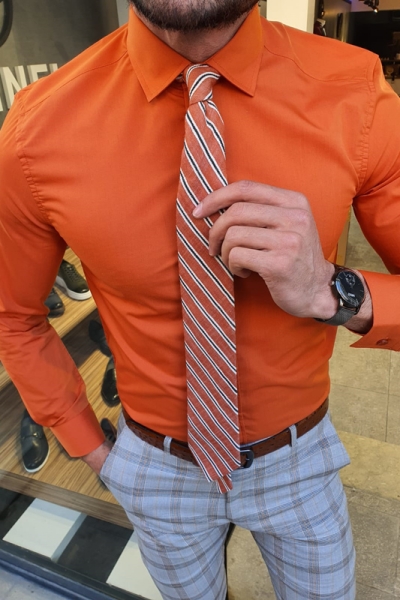 Orange Slim Fit Cotton Shirt by GentWith.com with Free Worldwide Shipping