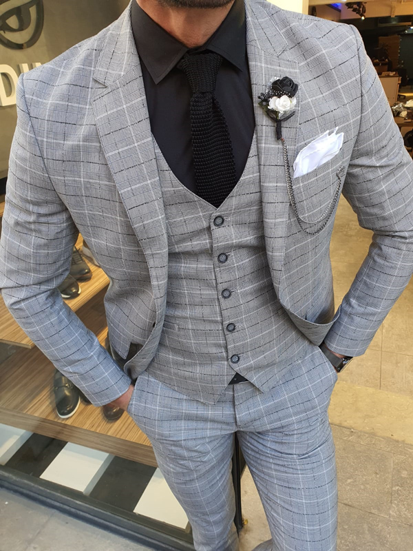 Buy Gray Slim Fit Plaid Suit by GentWith.com with Free Shipping