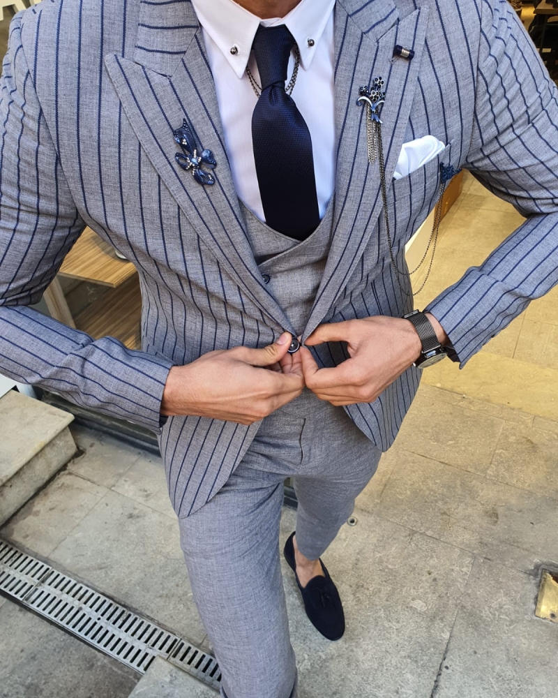Navy Blue Slim Fit Pinstripe Suit by GentWith.com with Free Worldwide Shipping
