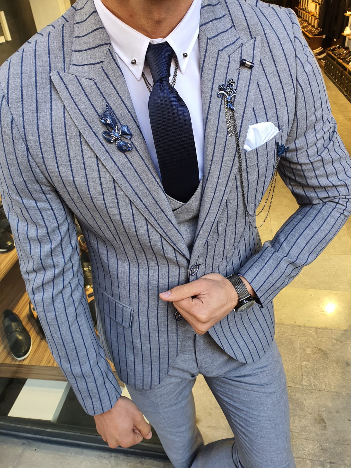 Buy Navy Blue Slim Fit Pinstripe Suit by GentWith.com with Free Shipping