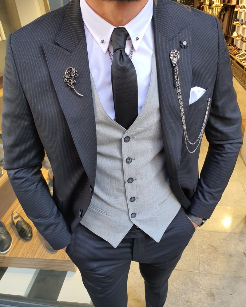 Black Slim Fit Pinstripe Suit by GentWith.com with Free Worldwide Shipping