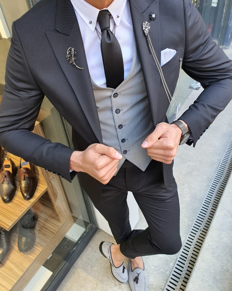 Black Slim Fit Pinstripe Suit by GentWith.com with Free Worldwide Shipping