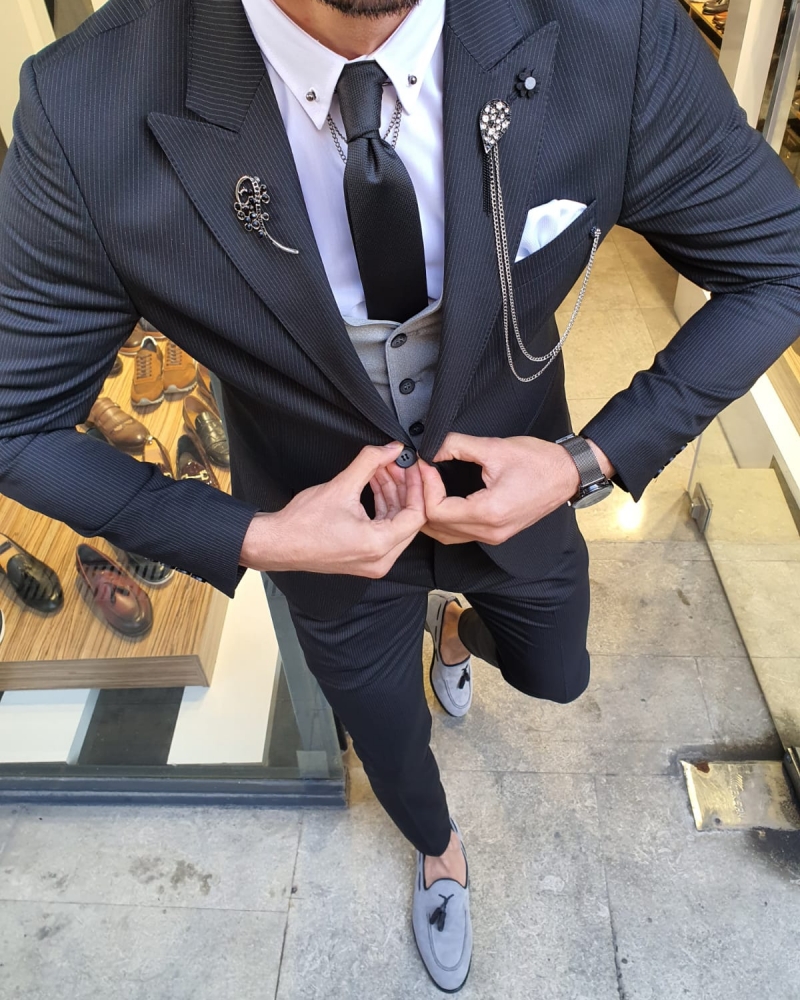 Black Slim Fit Pinstripe Suit by GentWith.com with Free Worldwide Shipping