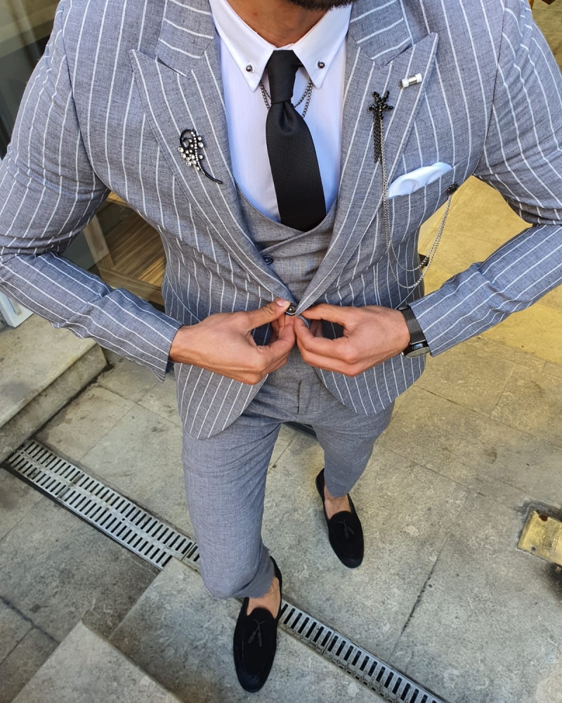 White Slim Fit Pinstripe Suit by GentWith.com with Free Worldwide Shipping