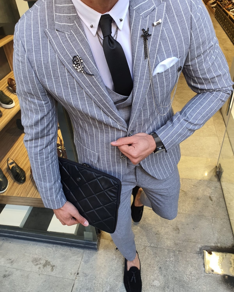 White Slim Fit Pinstripe Suit by GentWith.com with Free Worldwide Shipping