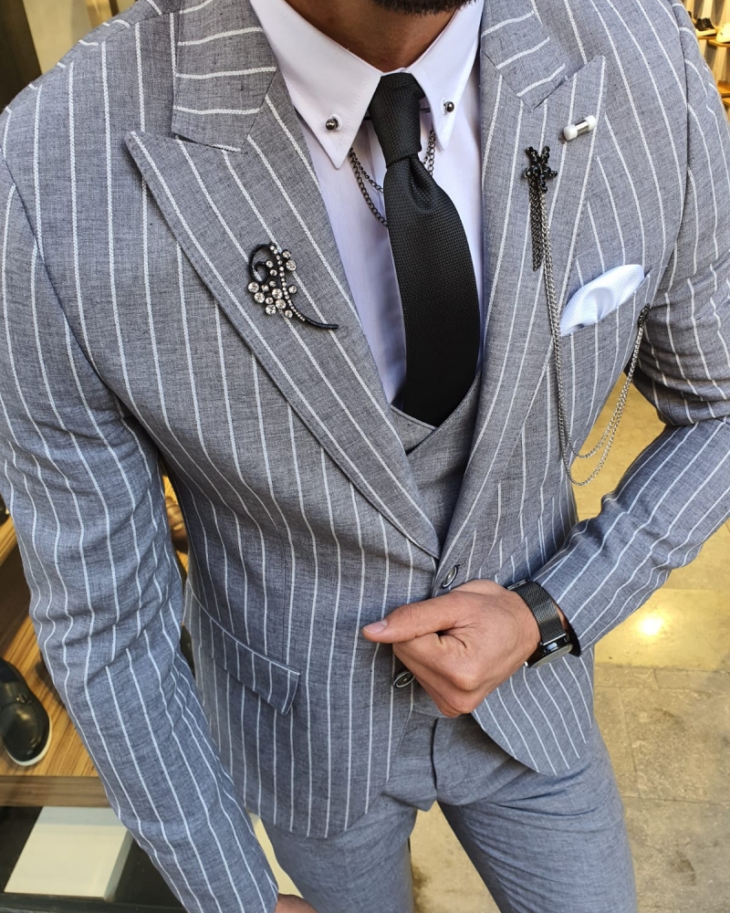 White Slim Fit Pinstripe Suit by GentWith.com with Free Worldwide Shipping