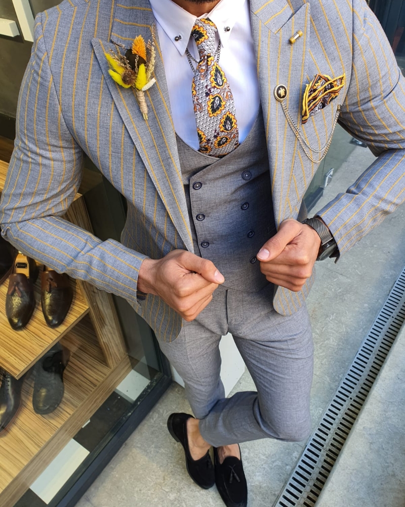 Yellow Slim Fit Pinstripe Suit by GentWith.com with Free Worldwide Shipping