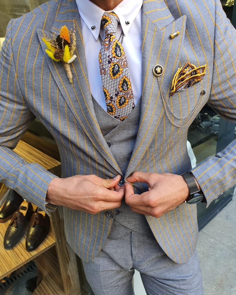 Yellow Slim Fit Pinstripe Suit by GentWith.com with Free Worldwide Shipping