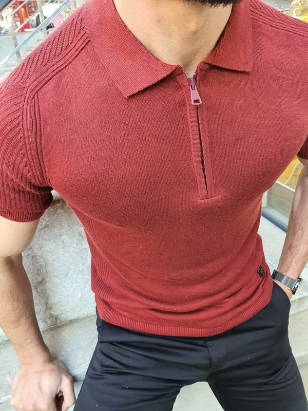 Claret Red Slim Fit Collar Neck Zipper Knitwear T-Shirt by GentWith.com with Free Worldwide Shipping
