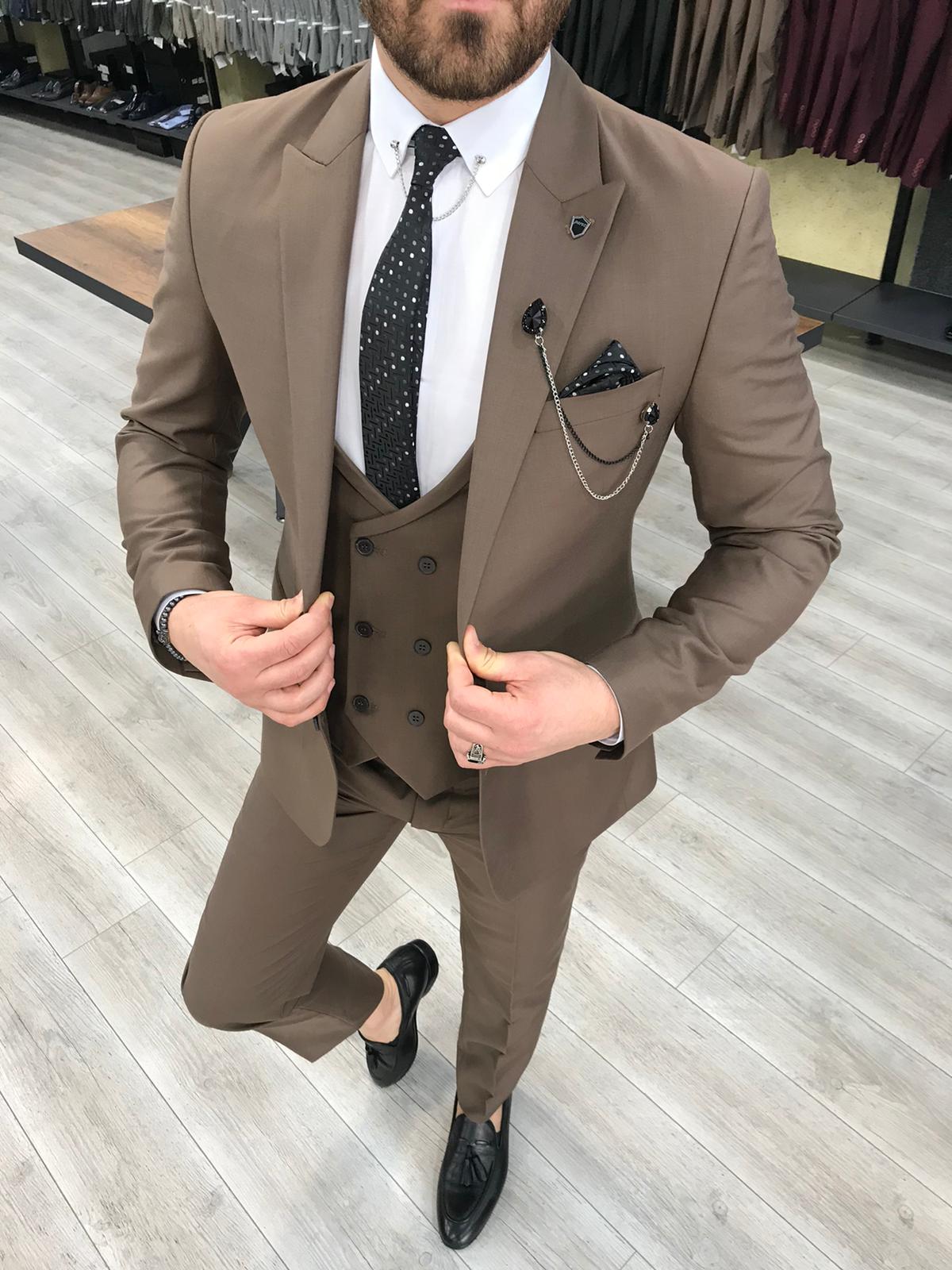 Buy Brown Slim Fit Wool Suit by with Free