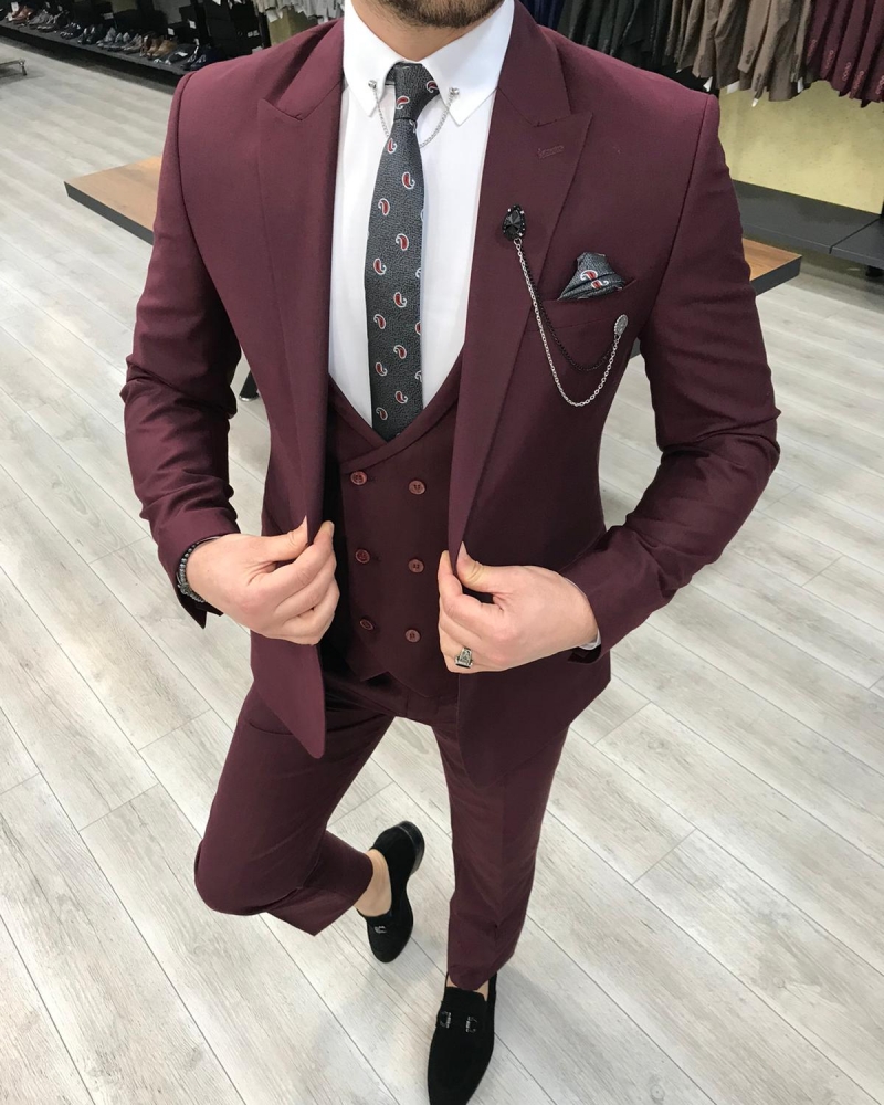 Buy Burgundy Slim Fit Wool Suit by GentWith.com with Free Shipping