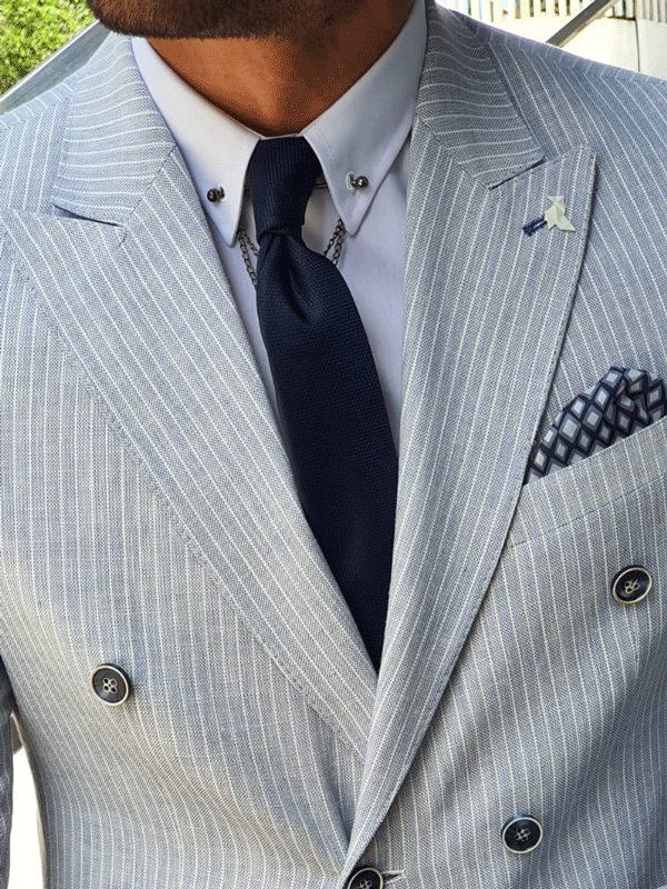 Buy Sky Blue Slim Fit Double Breasted Pinstripe Blazer by GentWith.com