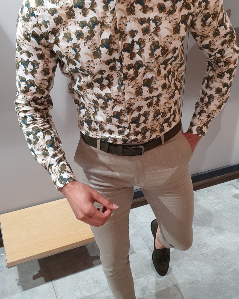 Beige Slim Fit Floral Shirt by GentWith.com with Free Worldwide Shipping