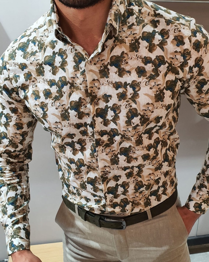 Beige Floral Shirt by GentWith.com with Free Worldwide Shipping