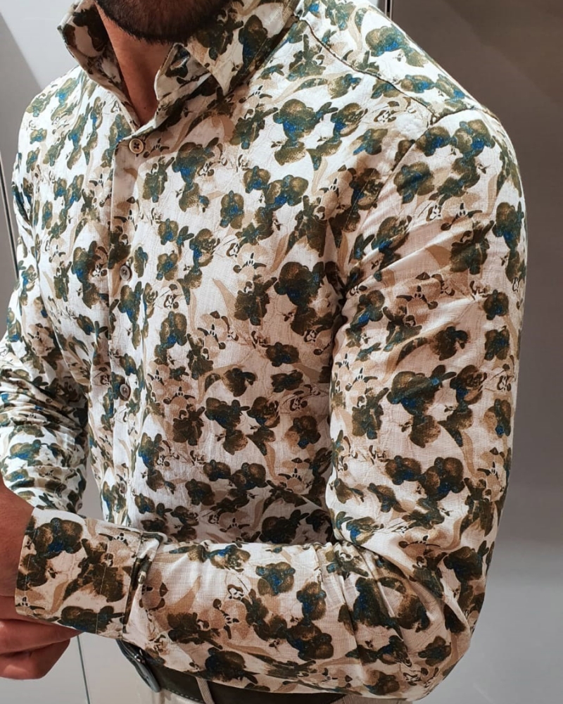 Beige Slim Fit Floral Shirt by GentWith.com with Free Worldwide Shipping