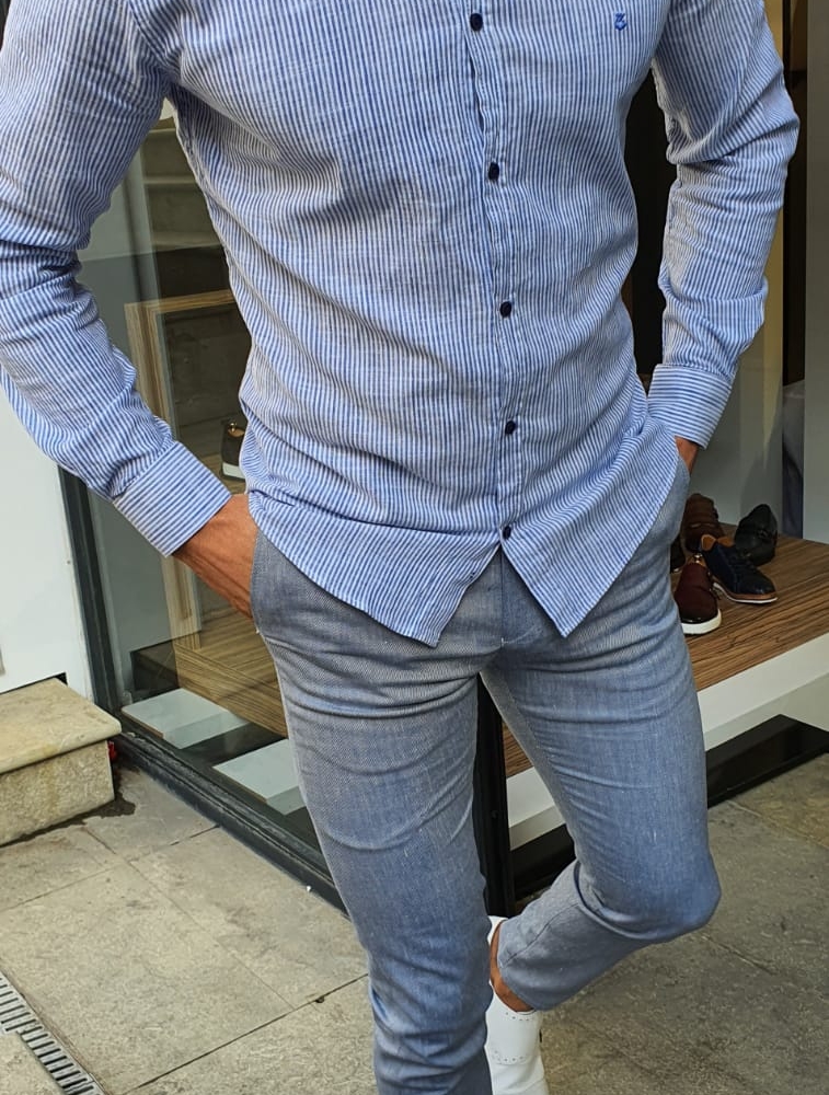 Blue Slim Fit Pinstripe Shirt by GentWith.com with Free Worldwide Shipping