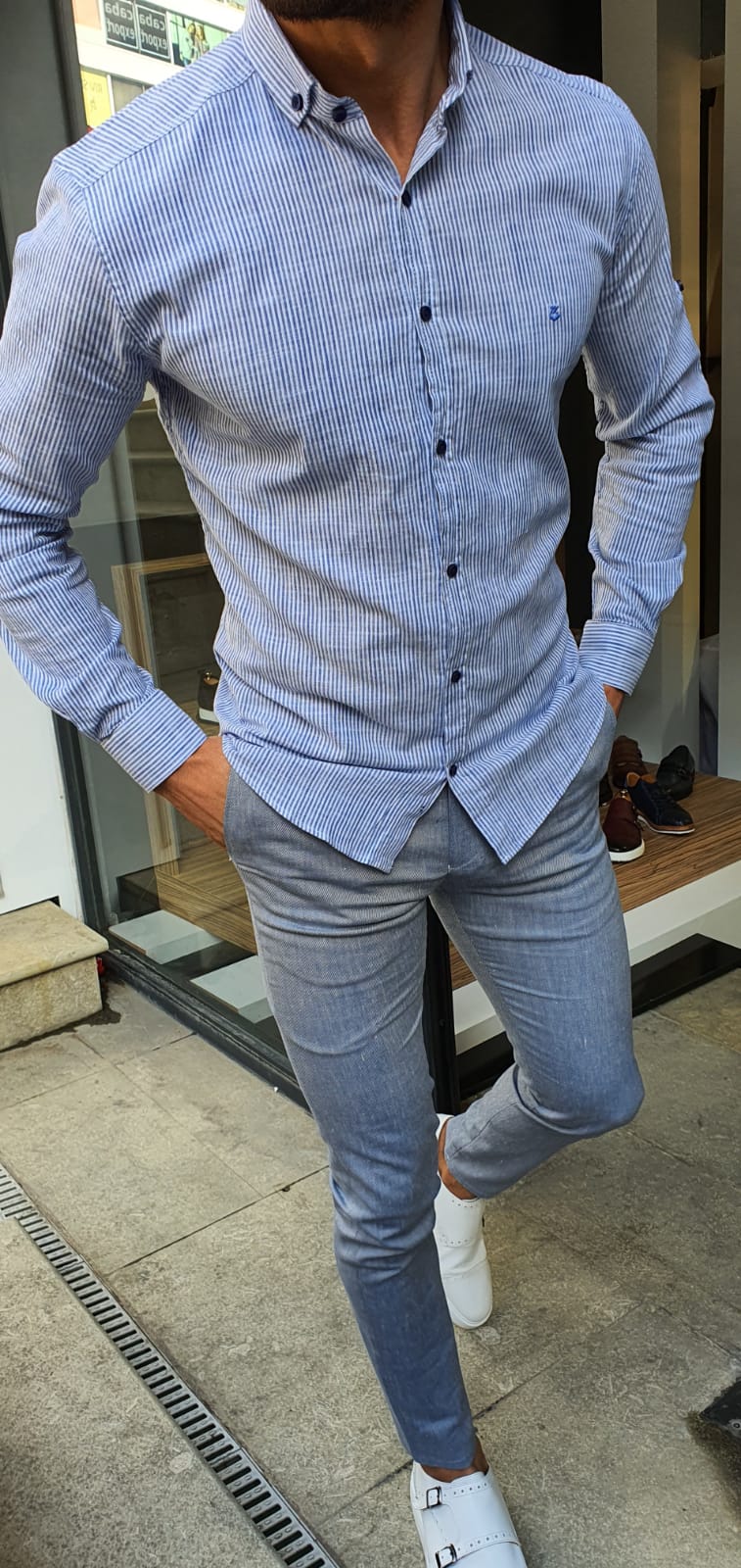 Buy Blue Slim Fit Pinstripe Shirt by GentWith.com with Free Shipping