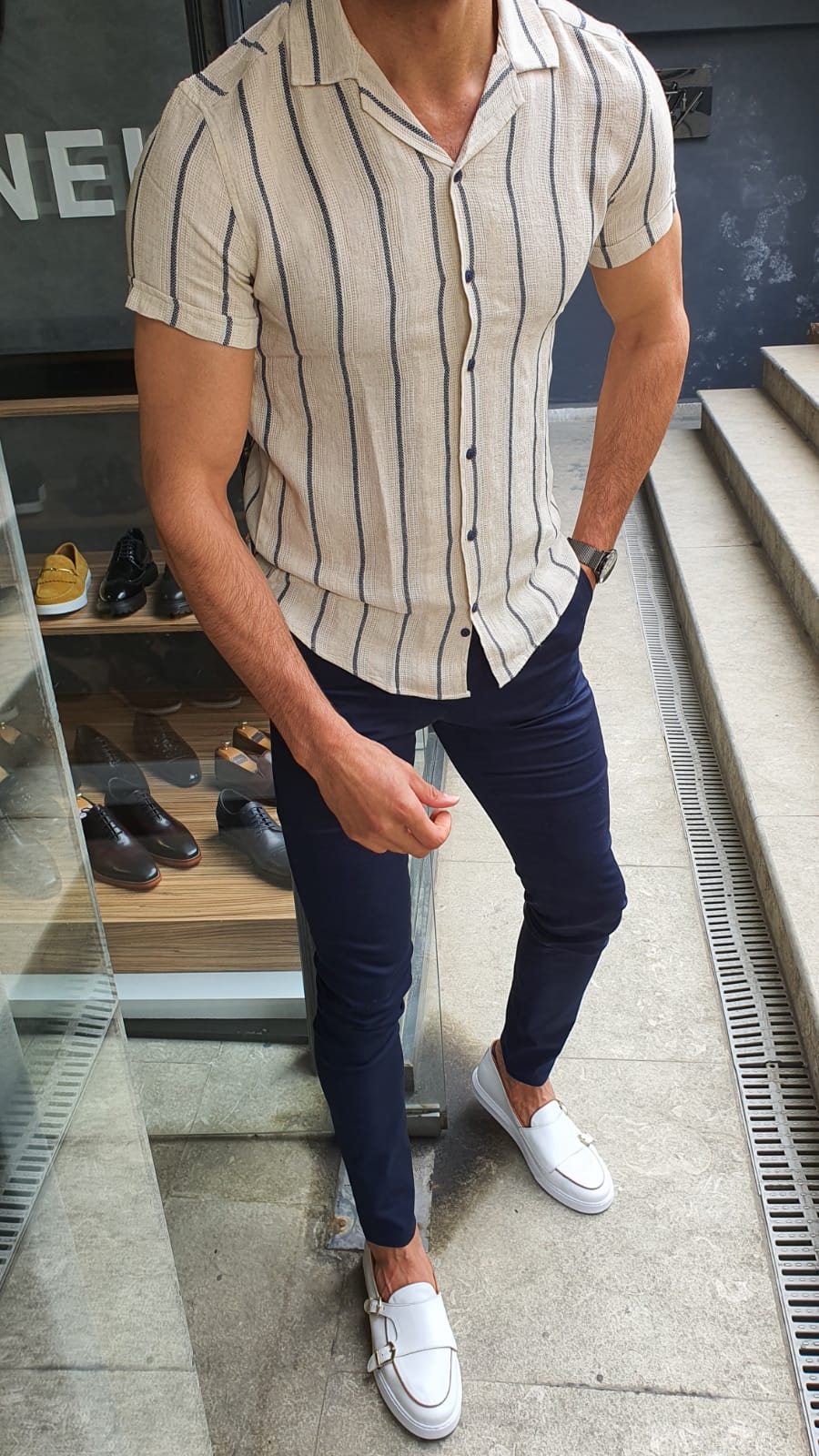 Buy Navy Blue Slim Fit Striped Short Sleeve Shirt by GentWith.com