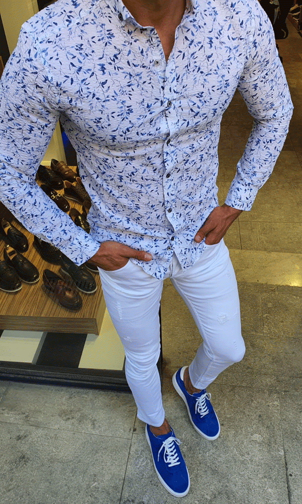 Buy Blue Slim Fit Floral Cotton Shirt by GentWith.com with Free Shipping