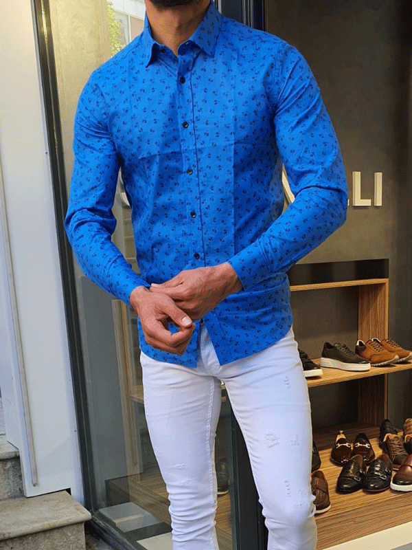Buy Sax Slim Fit Floral Cotton Shirt by GentWith with Free Shipping