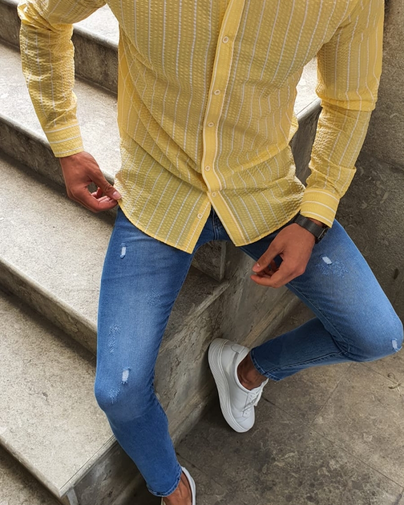 GentWith Madison Yellow Slim Fit Chalk Stripe Shirt - Image 3