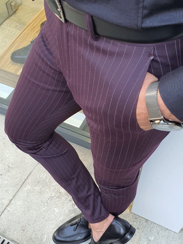 Buy Burgundy Slim Fit Pinstripe Pants by GentWith with Free Shipping