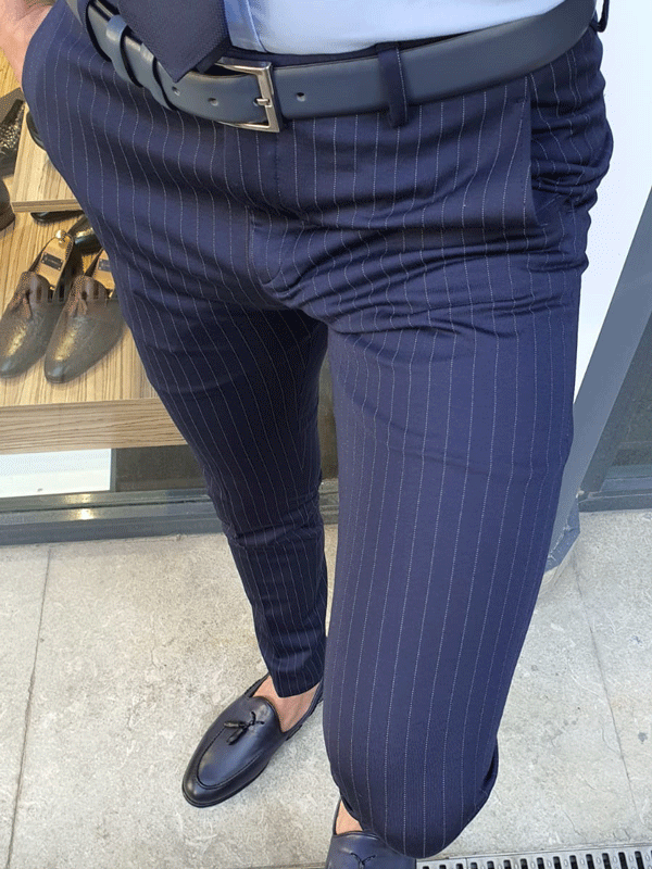 Buy Navy Blue Slim Fit Pinstripe Pants by GentWith with Free Shipping