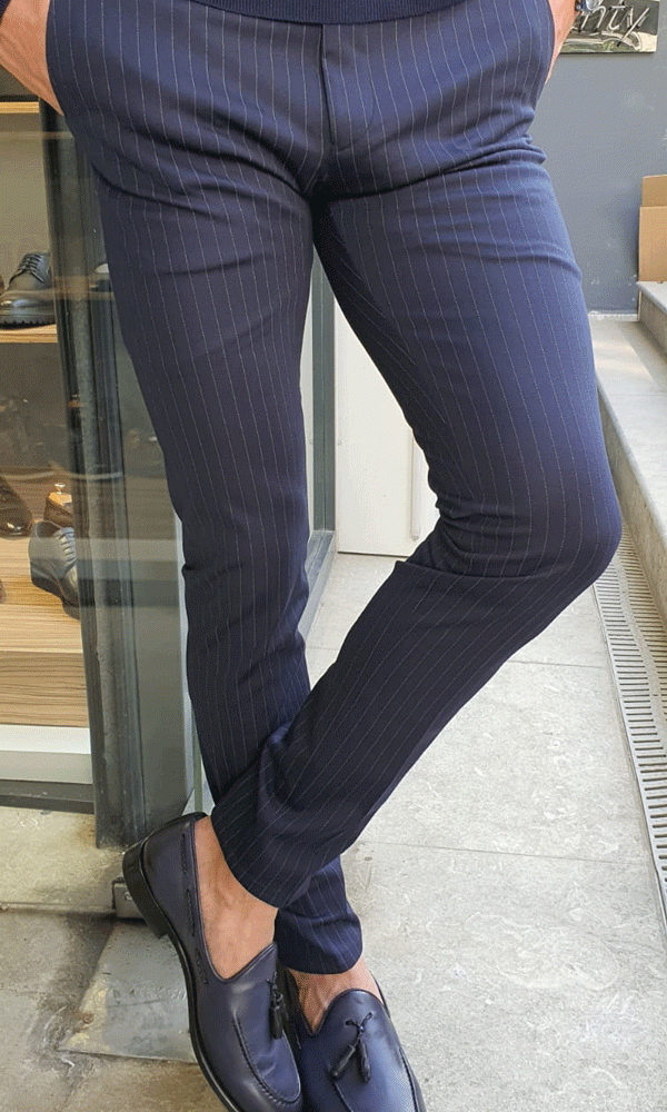 Buy Navy Blue Slim Fit Pinstripe Pants by GentWith with Free Shipping