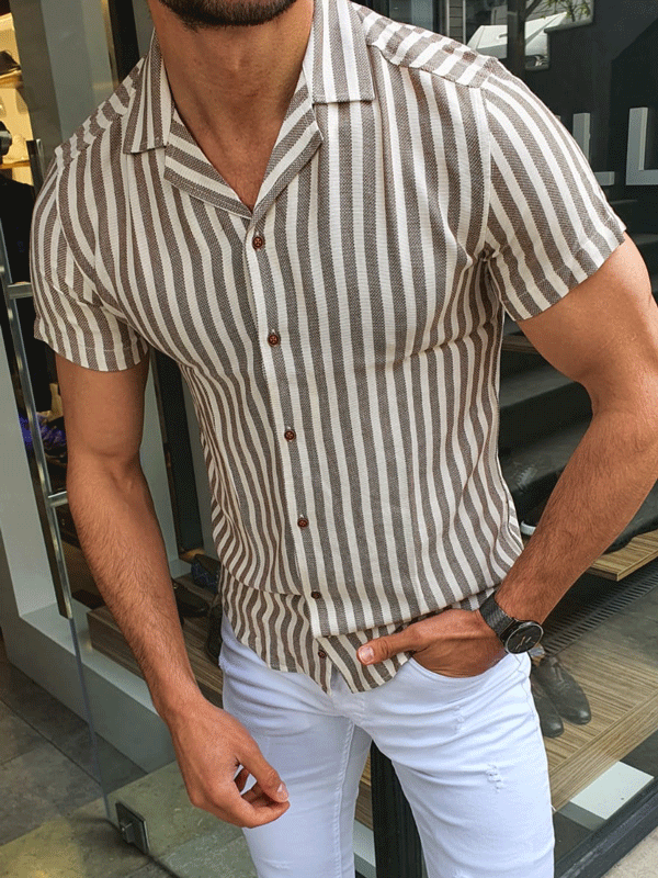 Buy Brown Slim Fit Striped Short Sleeve Shirt by GentWith.com