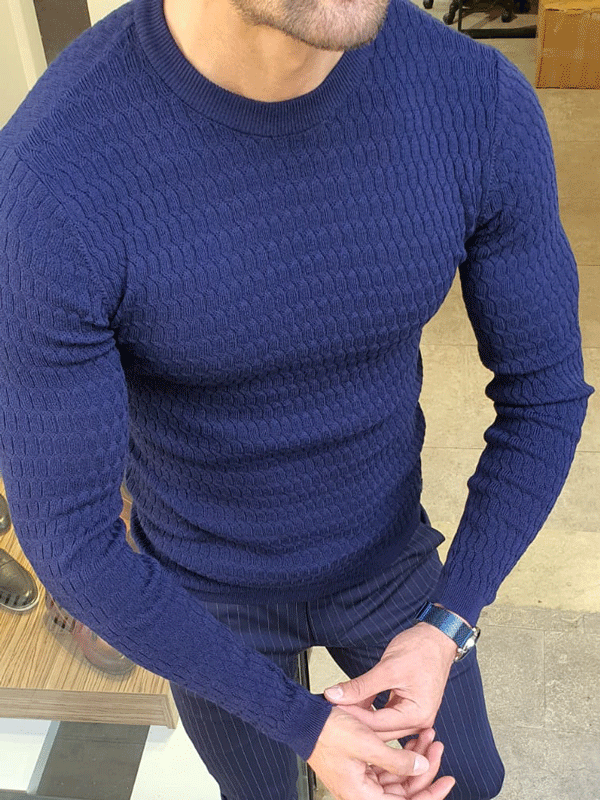 Buy Navy Blue Slim Fit Crew Neck Sweater by GentWith | Free Shipping