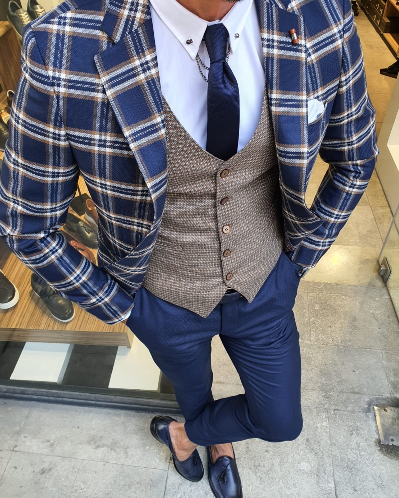 Indigo Slim Fit Plaid Check Suit by GentWith.com with Free Worldwide Shipping