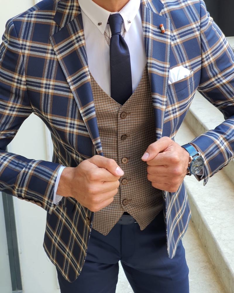 Indigo Slim Fit Plaid Check Suit by GentWith.com with Free Worldwide Shipping