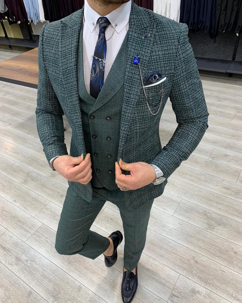 Green Slim Fit Check Suit by GentWith.com with Free Worldwide Shipping