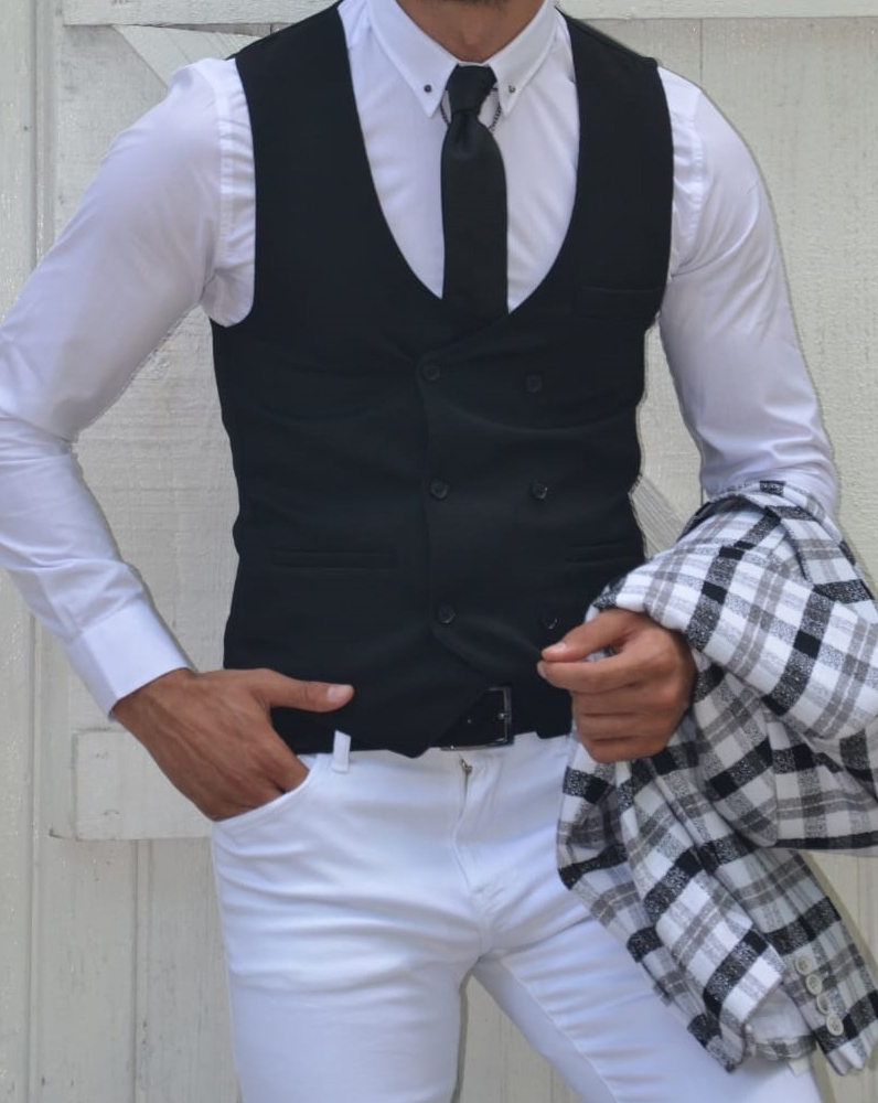 Black Slim Fit Double Breasted Vest by GentWith.com with Free Worldwide Shipping