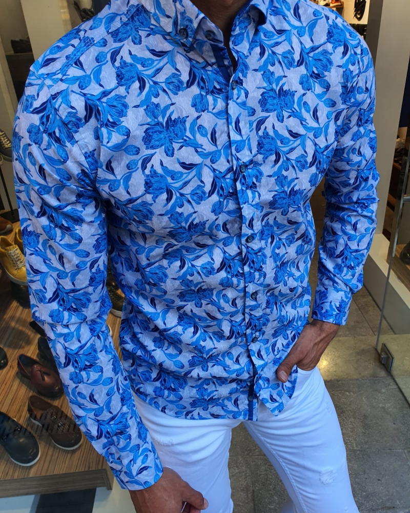 Turquoise Slim Fit Floral Shirt for Men by GentWith.com with Free Worldwide Shipping