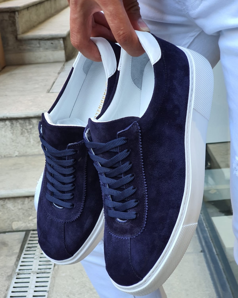 Navy Blue Mid-Top Suede Sneaker for Men by GentWith.com with Free Worldwide Shipping
