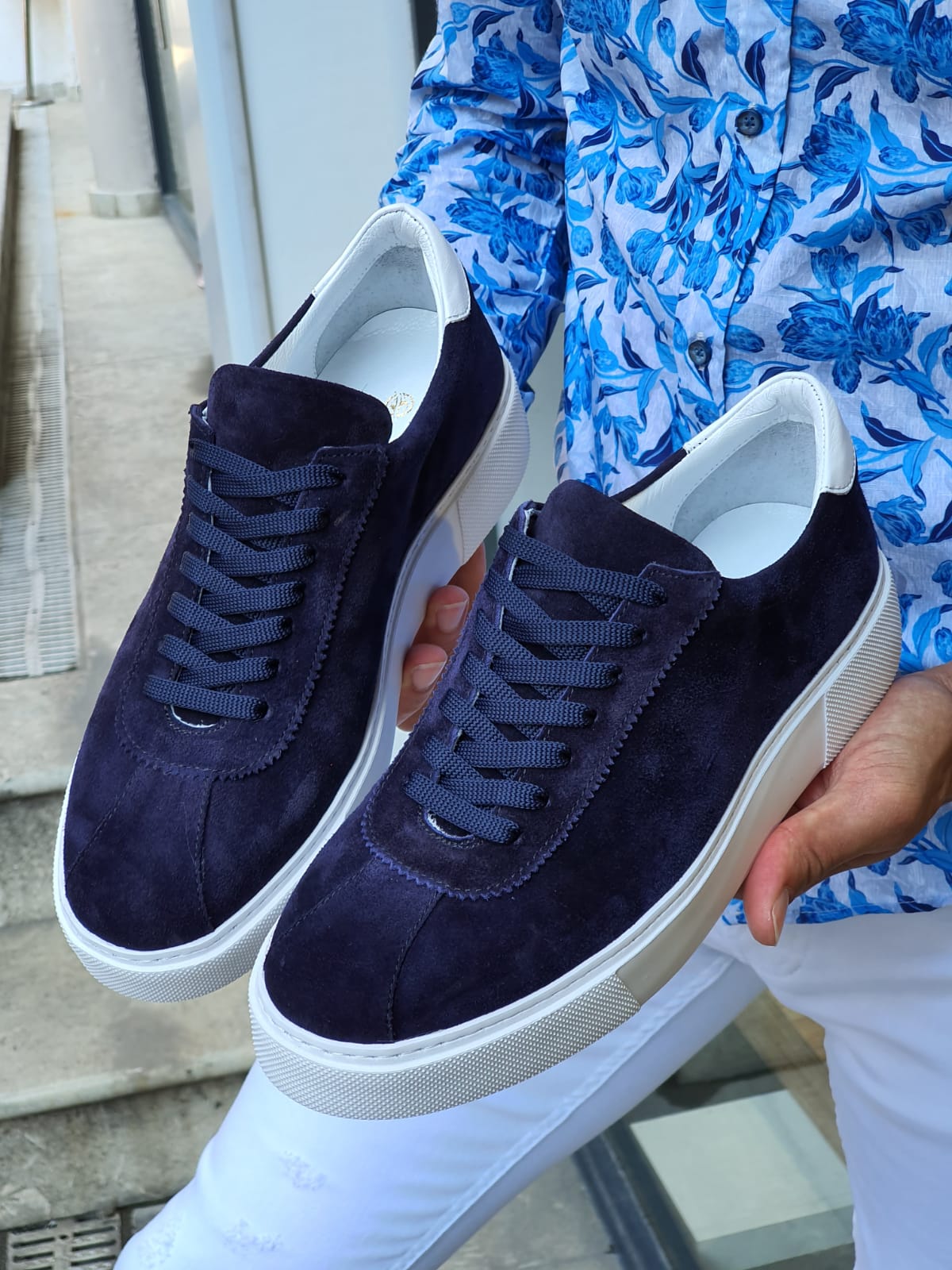 Buy Navy Blue Mid Top Suede Sneakers by | Shipping