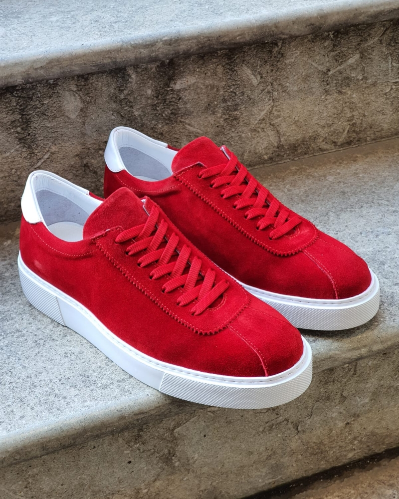 Red Mid-Top Suede Sneaker for Men by GentWith.com with Free Worldwide Shipping
