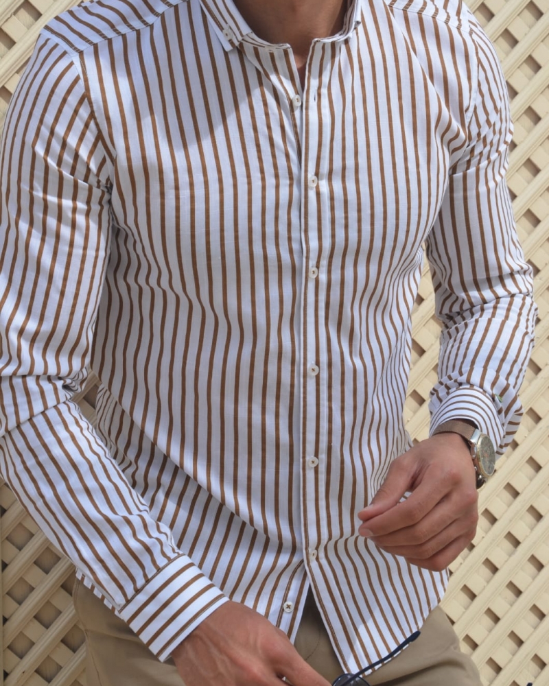 Beige Slim Fit Striped Cotton Shirt by GentWith.com with Free Worldwide Shipping