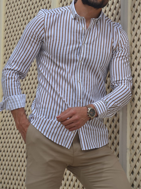 Buy Beige Slim Fit Striped Cotton Shirt by GentWith.com | Free Shipping