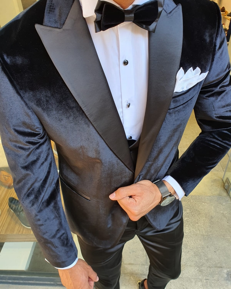 Black Slim Fit Peak Lapel Velvet Tuxedo for Men by GentWith.com with Free Worldwide Shipping